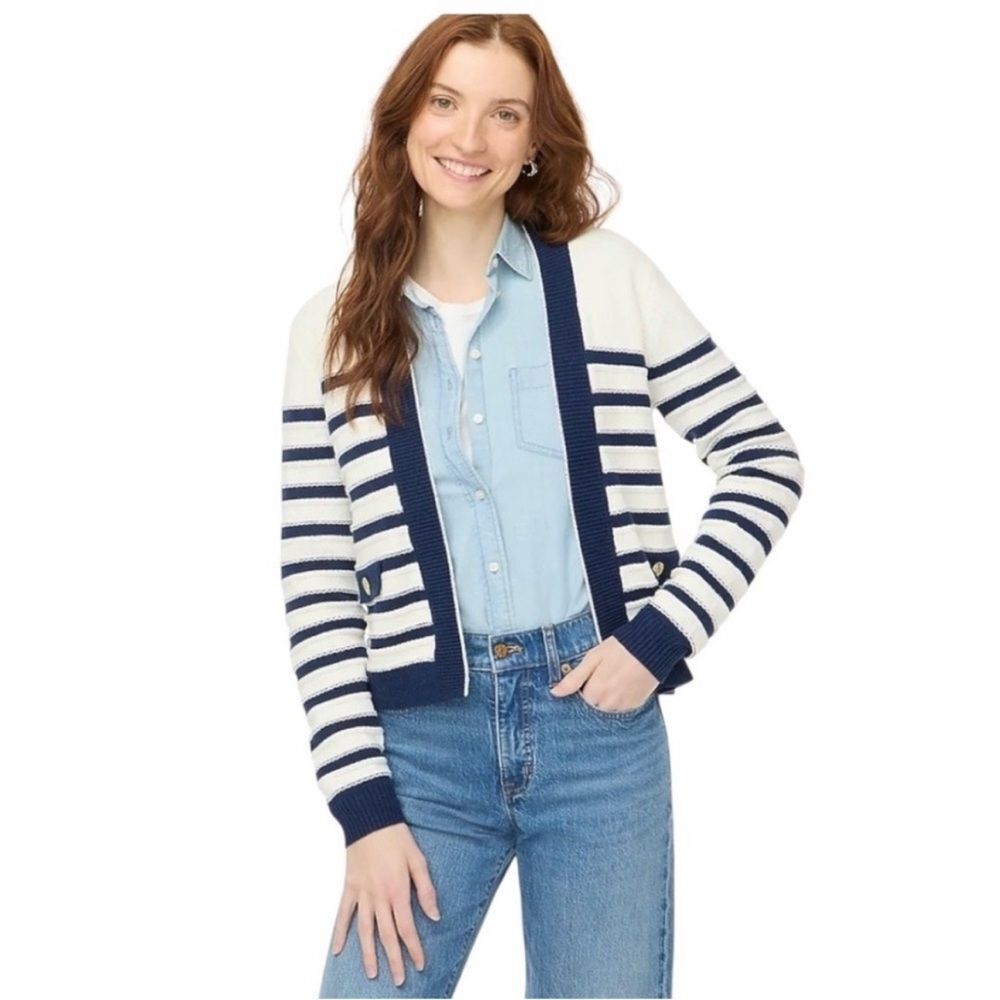 J Crew Fact Cardigan Womens XL Ivory Navy Striped Open Front Knit LS NWT